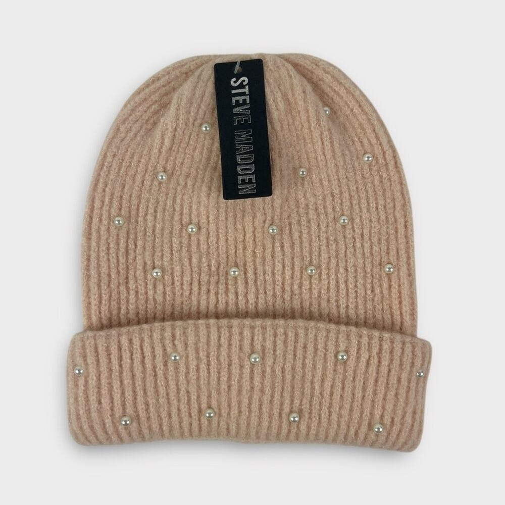 Steve Madden Pearl Embellished Cuffed Knit Winter Beanie Hat NEW